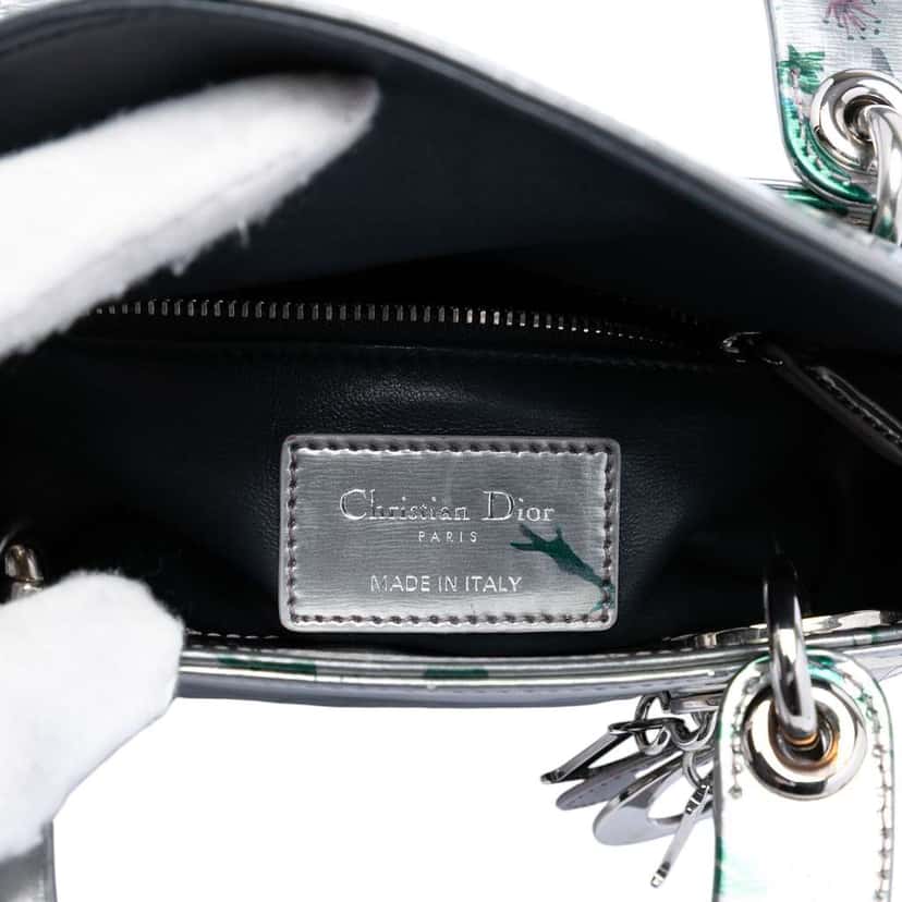 Dior Mini Metallic Lambskin Floral Printed Lady Dior Silver Leather Very good condition - Box View
