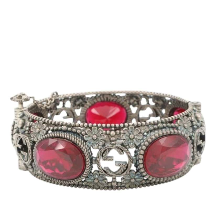 Gucci Sterling Silver and Stone Interlocking G Flower Hinged Bangle Silver Silver Good condition - Back View