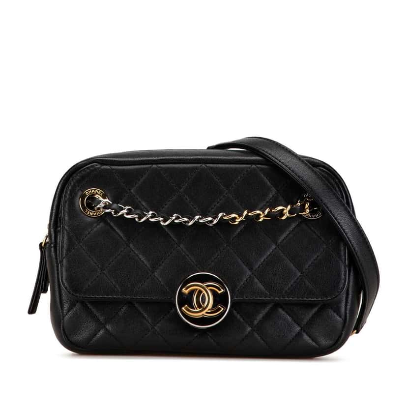 Chanel CC Quilted Lambskin Chain Camera Bag Black Leather Very good condition - Front View