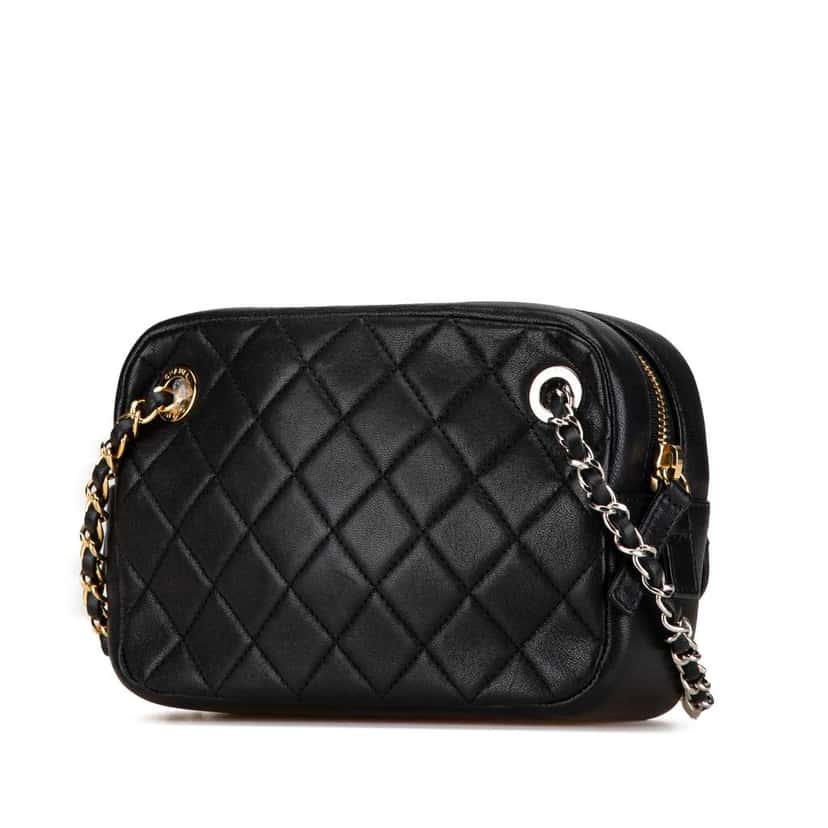 Chanel CC Quilted Lambskin Chain Camera Bag Black Leather Very good condition - Back View
