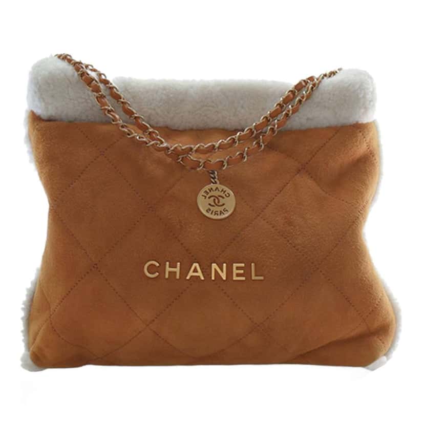 Chanel Large Quilted Suede 22 Hobo with Shearling Trim Brown Leather Very good condition - Front View