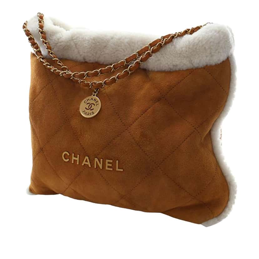 Chanel Large Quilted Suede 22 Hobo with Shearling Trim Brown Leather Very good condition - Back View