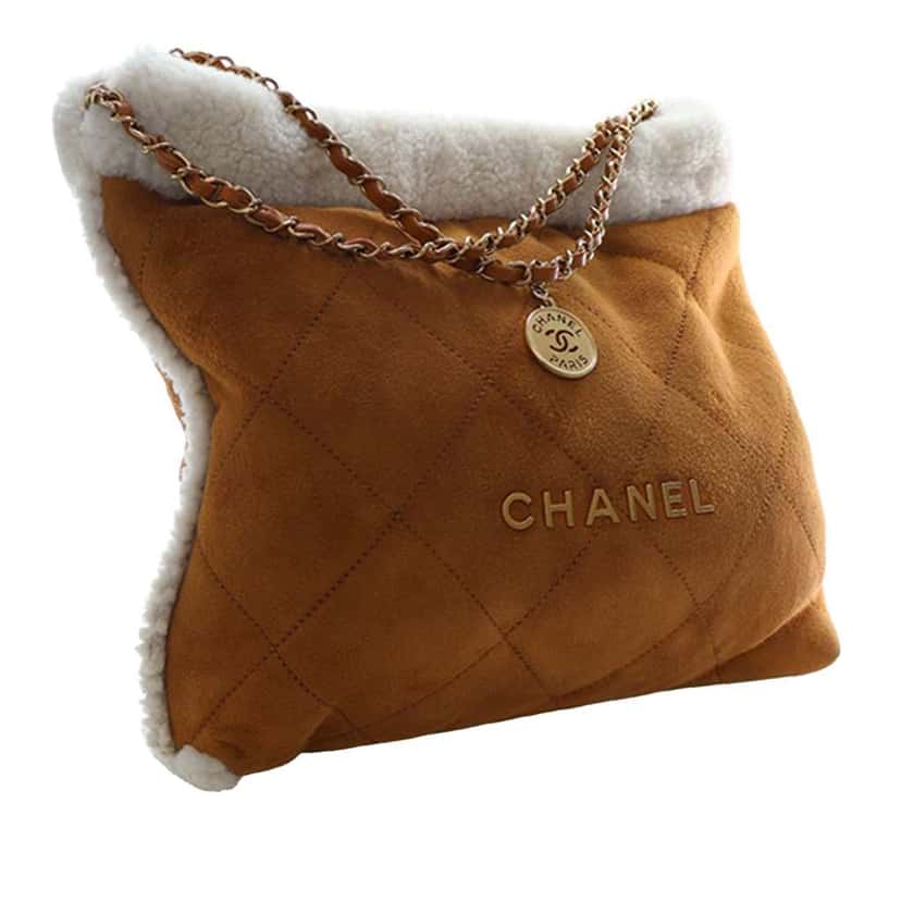 Chanel Large Quilted Suede 22 Hobo with Shearling Trim Brown Leather Very good condition - Inside View