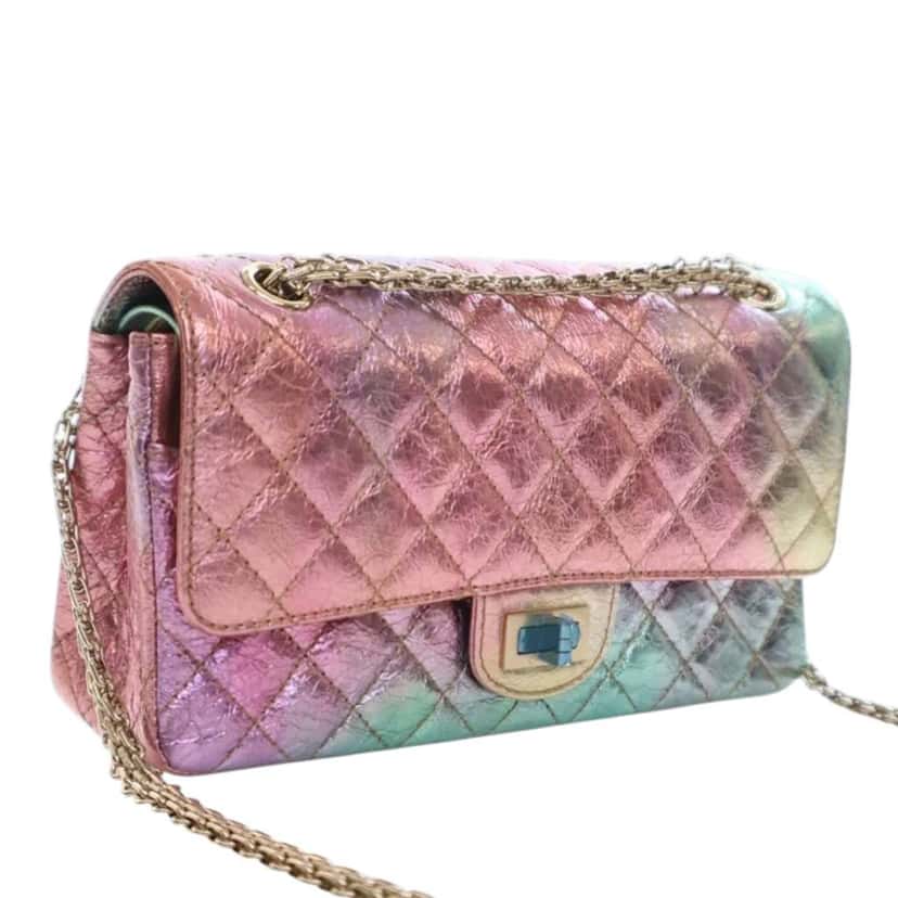 Chanel Rainbow Metallic Quilted Goatskin Reissue 2.55 Double Flap Pink Leather Good condition - Back View