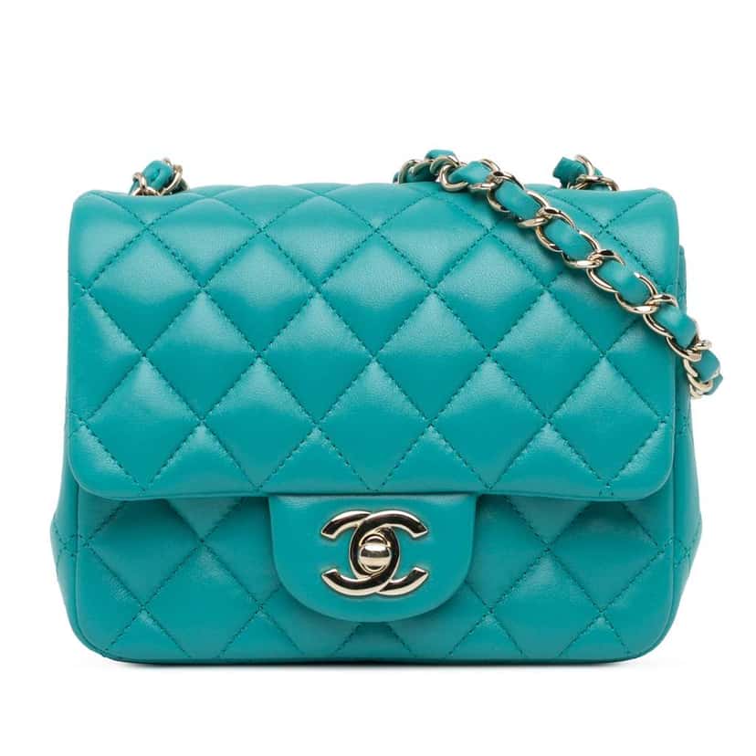 Chanel Mini Square Classic Lambskin Single Flap Blue Leather Very good condition - Front View