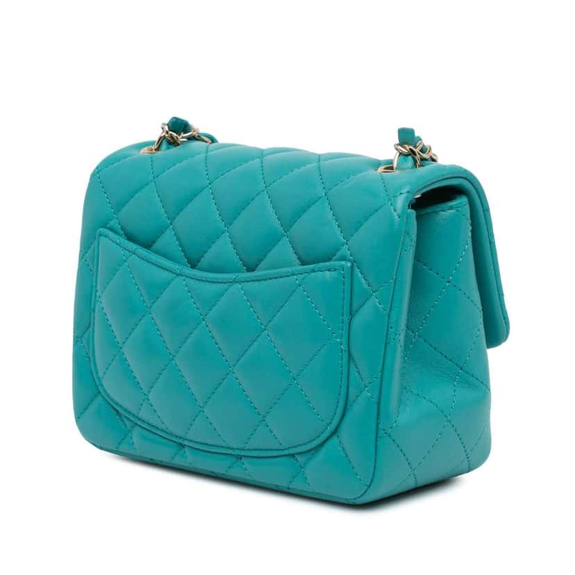 Chanel Mini Square Classic Lambskin Single Flap Blue Leather Very good condition - Back View