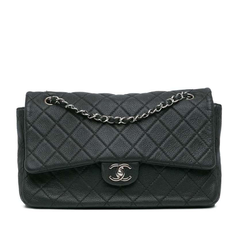Chanel Jumbo Quilted Caviar Double Compartment Chain Flap Black Leather Good condition - Front View