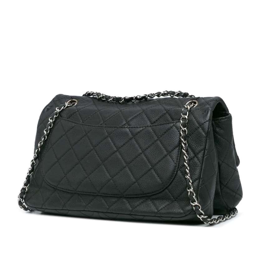 Chanel Jumbo Quilted Caviar Double Compartment Chain Flap Black Leather Good condition - Back View