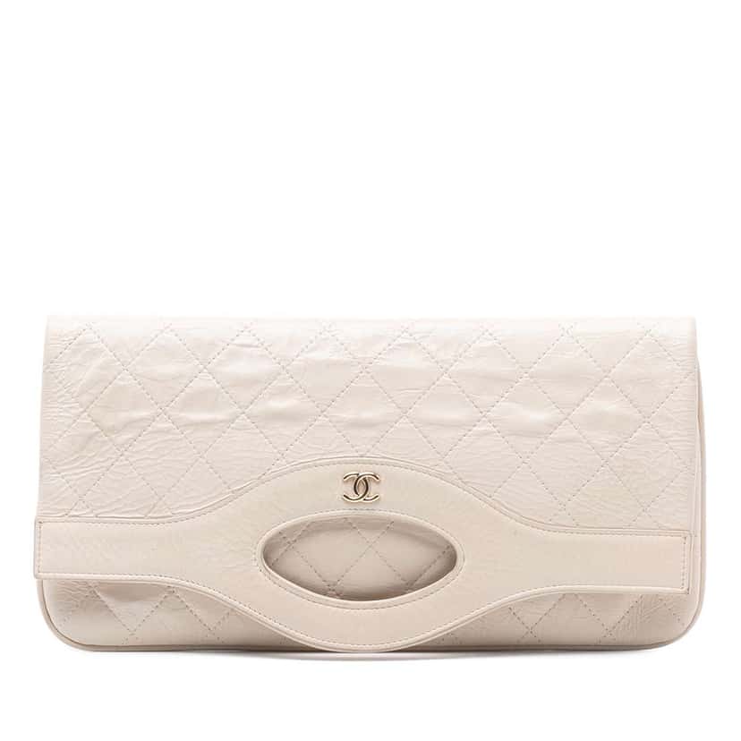 Chanel Large Shiny Crumpled Calfskin 31 Clutch White Leather Good condition - Front View