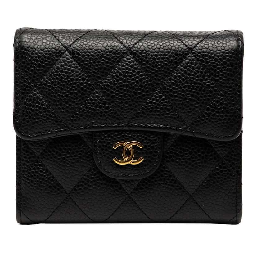 Chanel CC Quilted Caviar Trifold Wallet Black Leather Very good condition - Front View