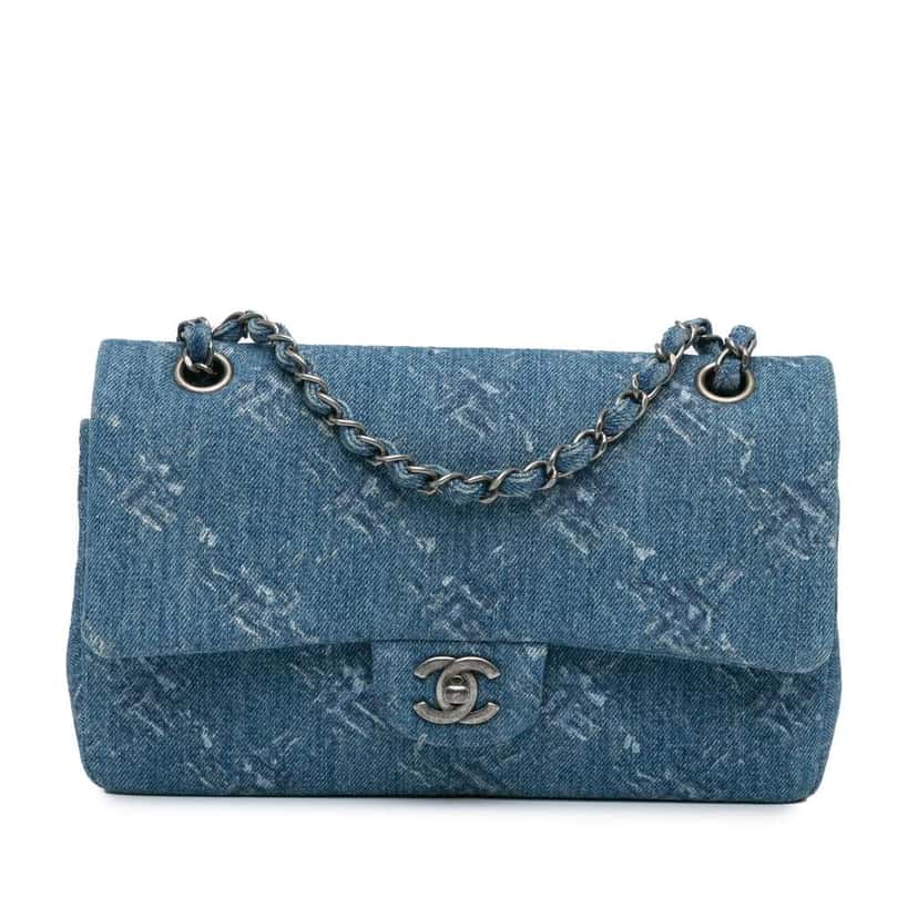 Chanel Medium Classic Printed Denim Double Flap Blue Denim Good condition - Front View