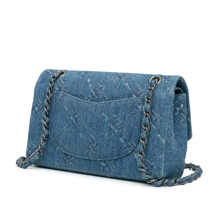 Chanel Medium Classic Printed Denim Double Flap Blue Denim Good condition - Back View