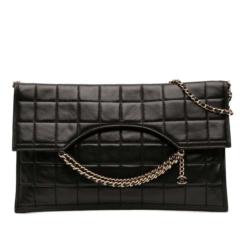 Chanel CC Chocolate Bar Lambskin Fold Down Envelope Shoulder Bag Black Leather Very good condition - Front View