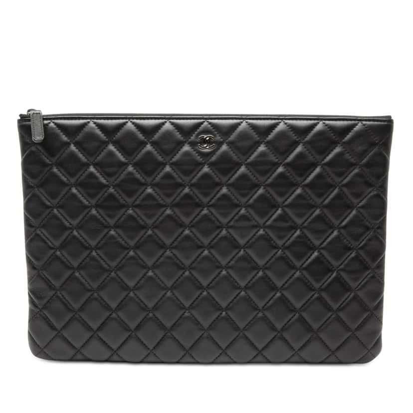 Chanel Large Quilted Lambskin Double Stitch O Case Clutch Black Leather Good condition - Front View
