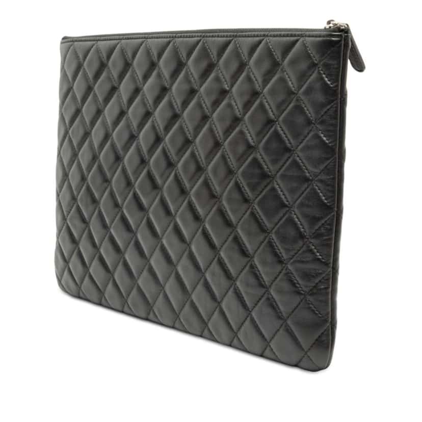 Chanel Large Quilted Lambskin Double Stitch O Case Clutch Black Leather Good condition - Back View