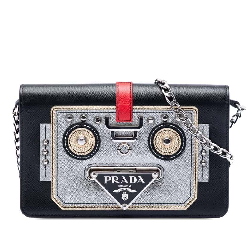 Prada Saffiano Robot Wallet on Chain Black Leather Good condition - Front View