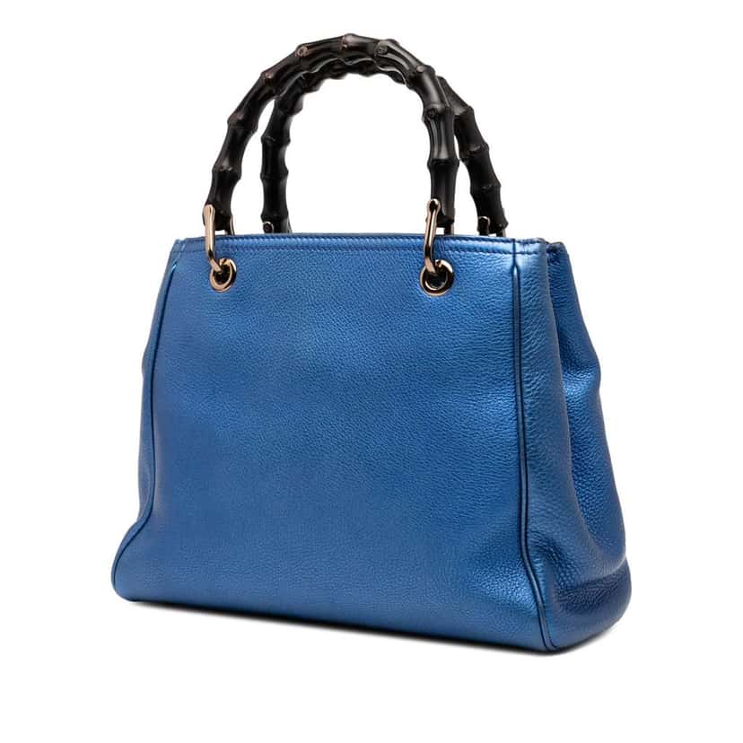 Gucci Small Metallic Calfskin Bamboo Shopper Satchel Blue Leather Very good condition - Back View