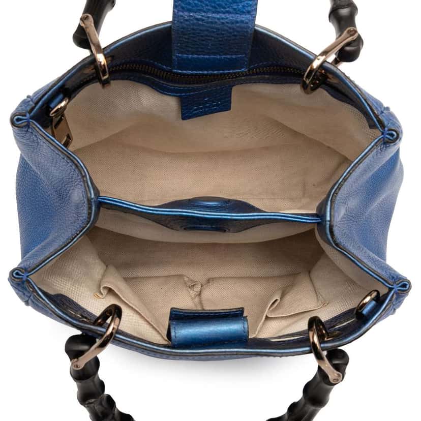 Gucci Small Metallic Calfskin Bamboo Shopper Satchel Blue Leather Very good condition - Model View