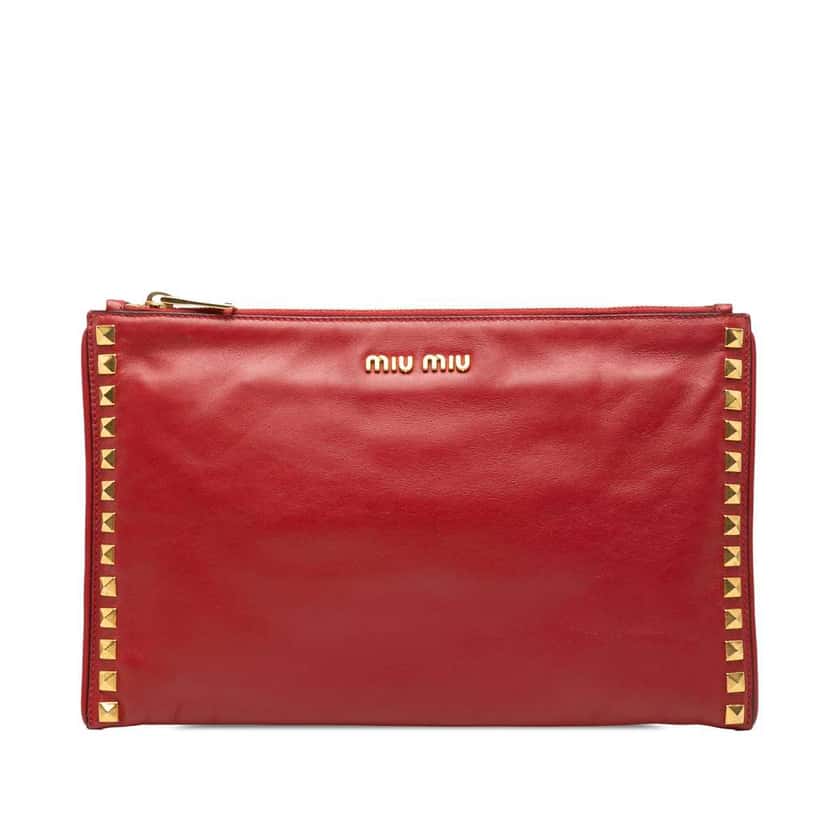 Miu Miu Studded Leather Zip Clutch Red Leather Very good condition - Front View