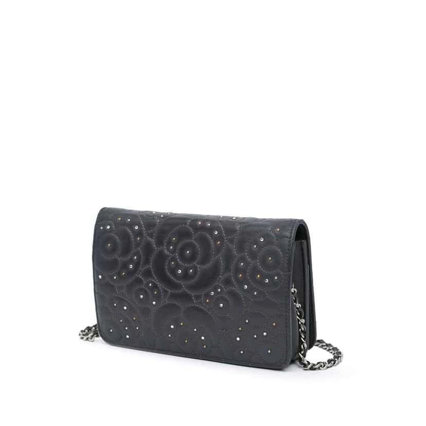 Chanel CC Studded Lambskin Camellia Wallet On Chain Black Leather Very good condition - Back View