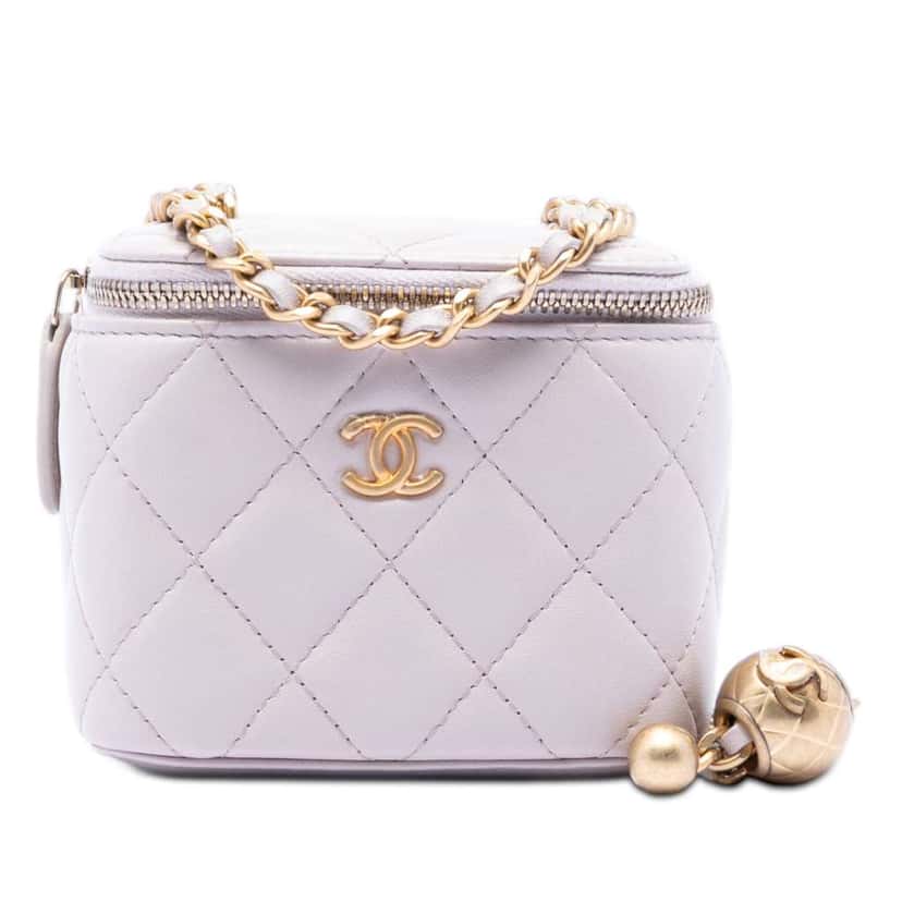 Chanel Mini Quilted Lambskin Pearl Crush Vanity Case With Chain Purple Leather Very good condition - Front View