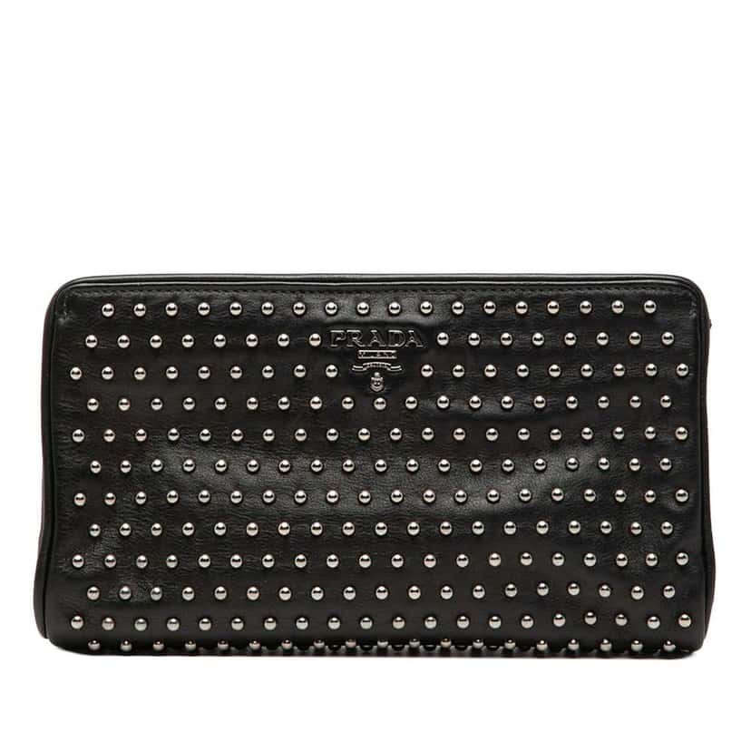 Prada Studded Leather Clasp Clutch Black Leather Very good condition - Front View