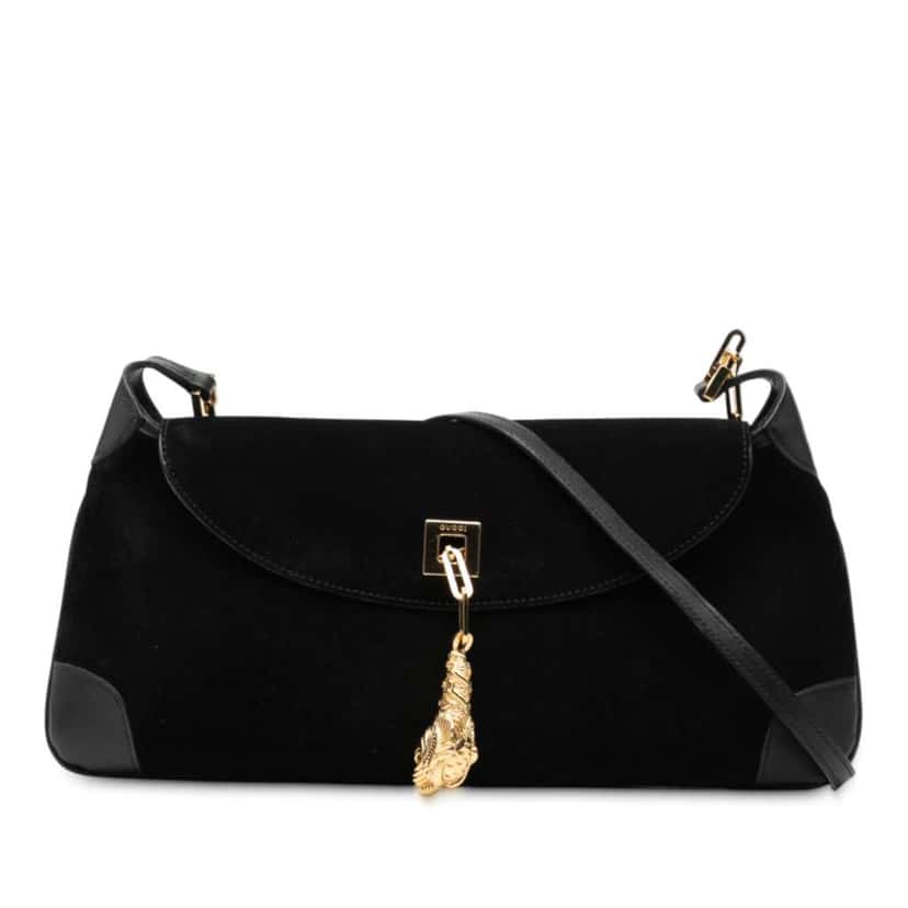 Gucci Suede Tiger Head Shoulder Bag Black Leather Very good condition - Front View