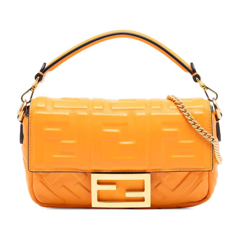 Fendi Mini Zucca Embossed Leather Baguette Satchel Orange Leather Very good condition - Front View