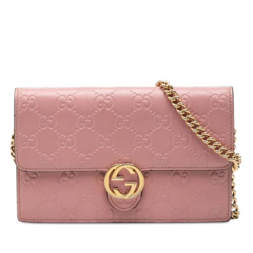 Gucci Guccissima Interlocking G Wallet On Chain Pink Leather Very good condition - Front View