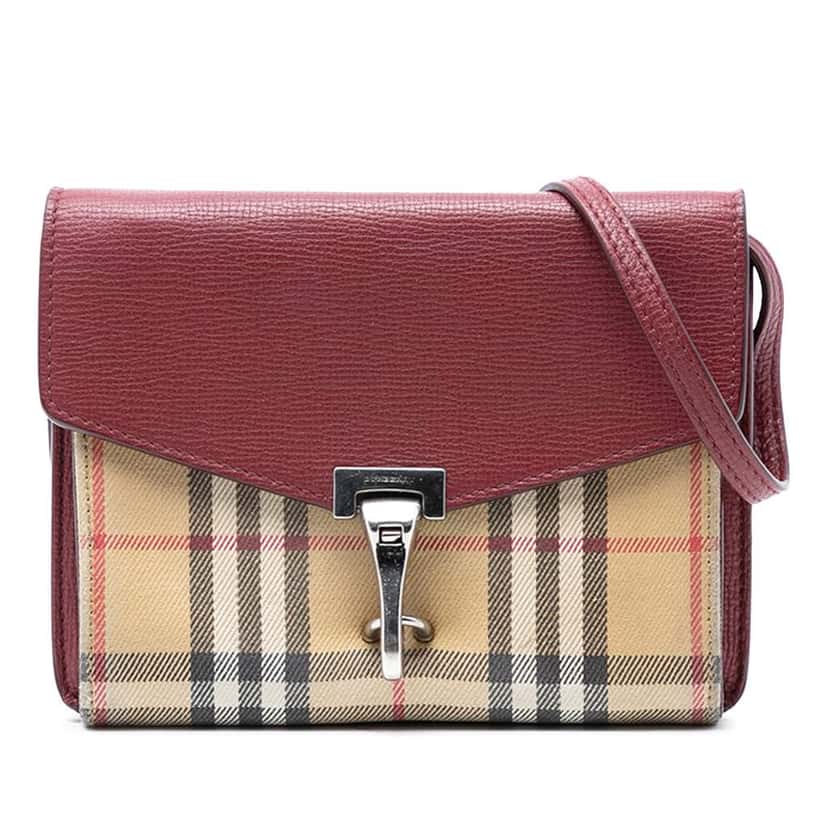 Burberry Small Leather and House Check Canvas Derby Macken Crossbody Red Leather Very good condition - Front View