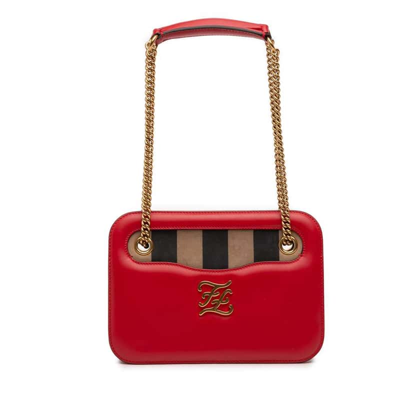 Fendi Calfskin Vitello King Nubuck Pequin Karligraphy Pocket Shoulder Bag Red Leather Very good condition - Front View