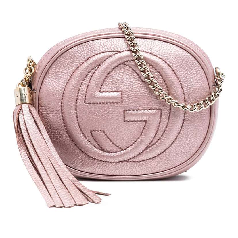 Gucci Mini Metallic Pebbled Calfskin Soho Chain Crossbody Pink Leather Very good condition - Front View