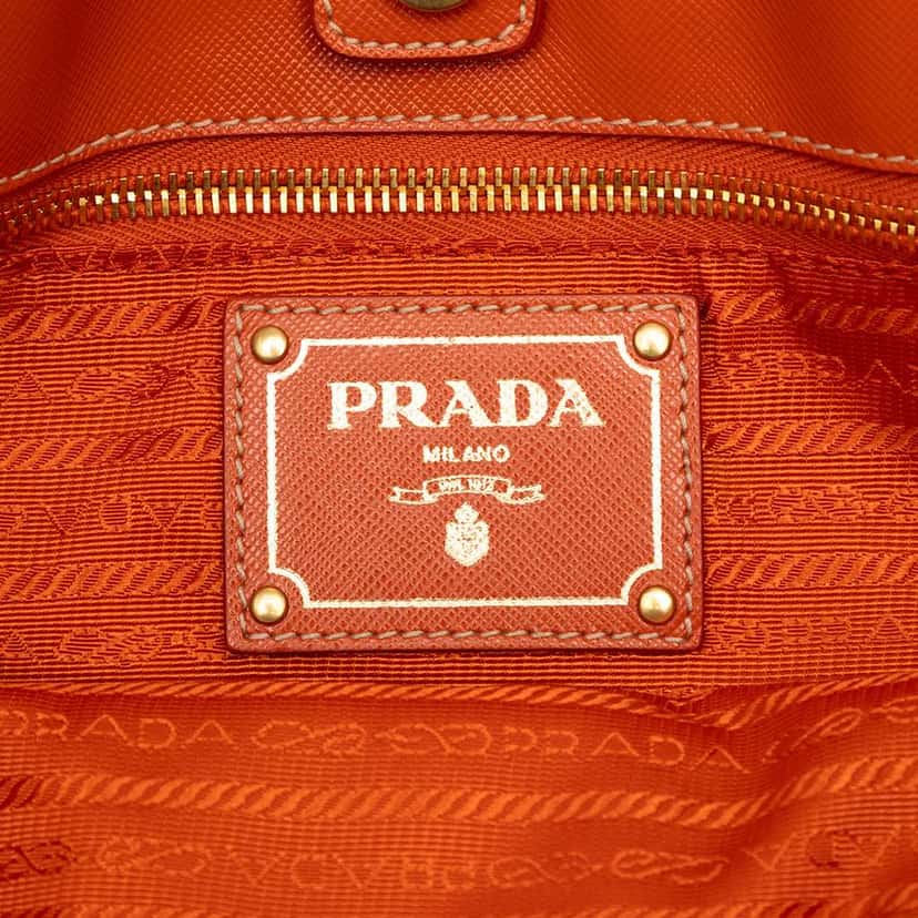 Prada Saffiano Trimmed Tessuto Logo Oro Satchel Orange Very good condition - Box View