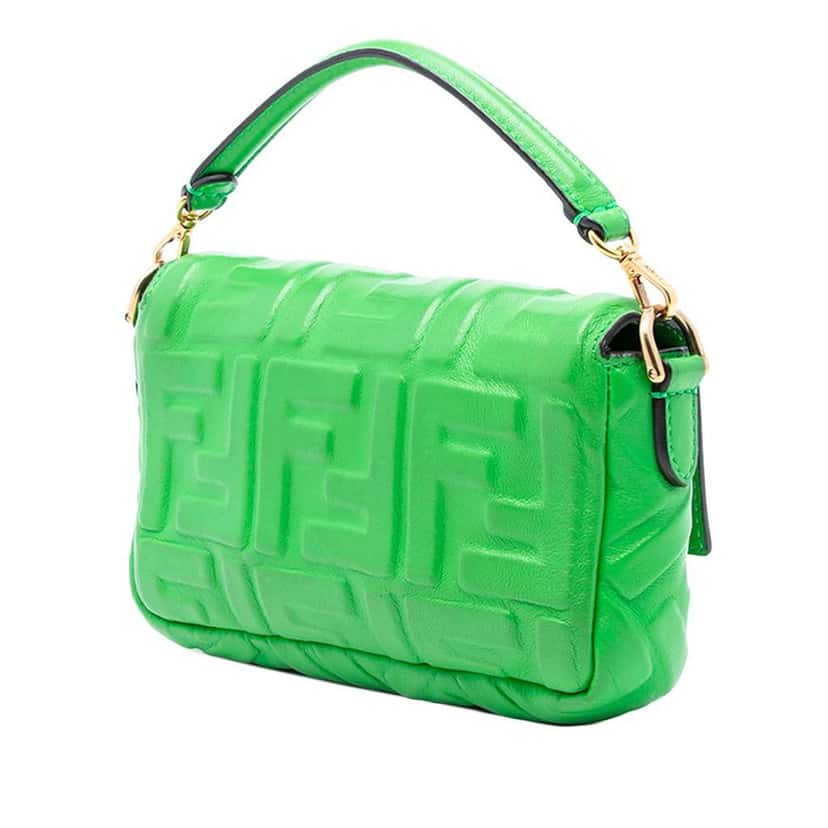 Fendi Mini Zucca Embossed Leather Baguette Satchel Green Leather Very good condition - Back View