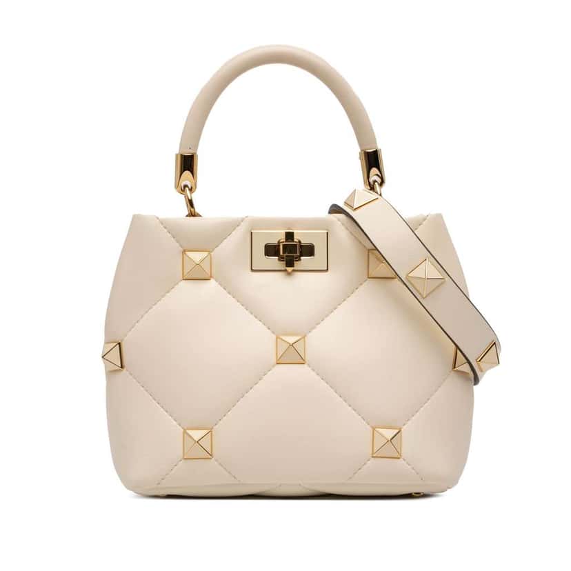 Valentino Small Nappa Roman Stud The Handle Bag White Leather Very good condition - Front View