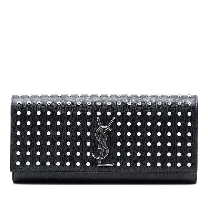 Saint Laurent Grain De Poudre Classic Monogram Studded Clutch Black Leather Very good condition - Front View