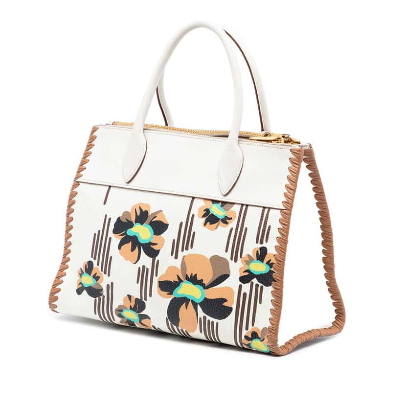 Prada City Calf Trimmed Madras Floral Print Paradigme Whipstitch Satchel White Leather Very good condition - Back View