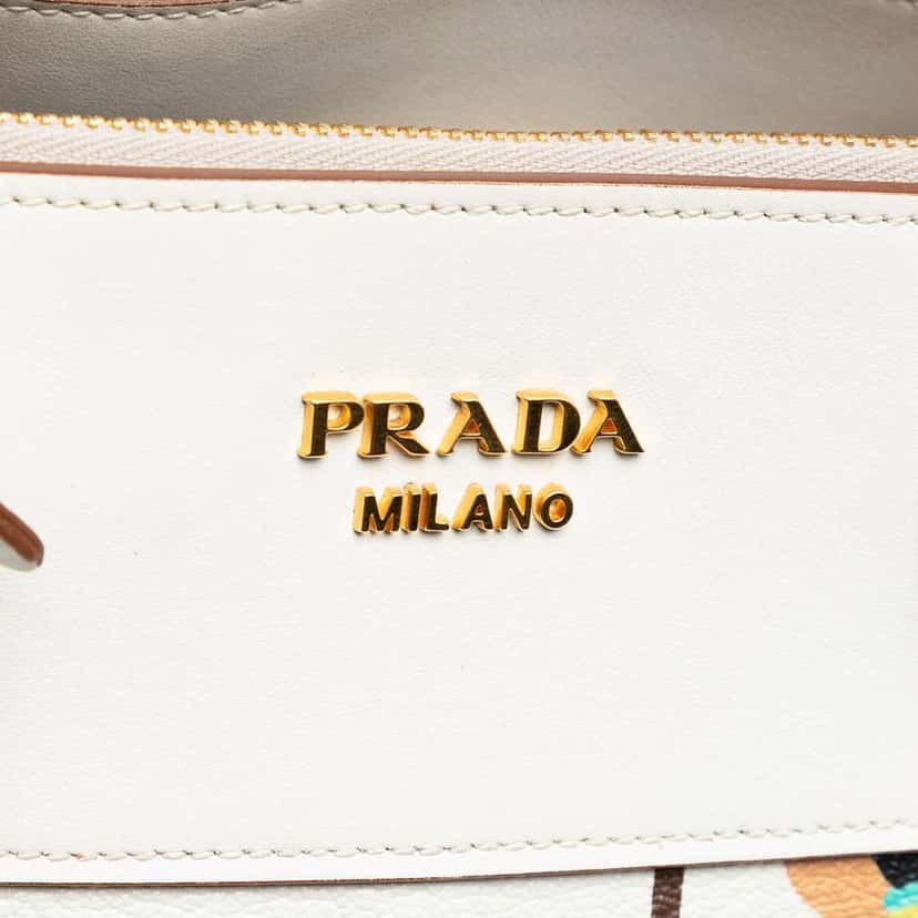 Prada City Calf Trimmed Madras Floral Print Paradigme Whipstitch Satchel White Leather Very good condition - Box View
