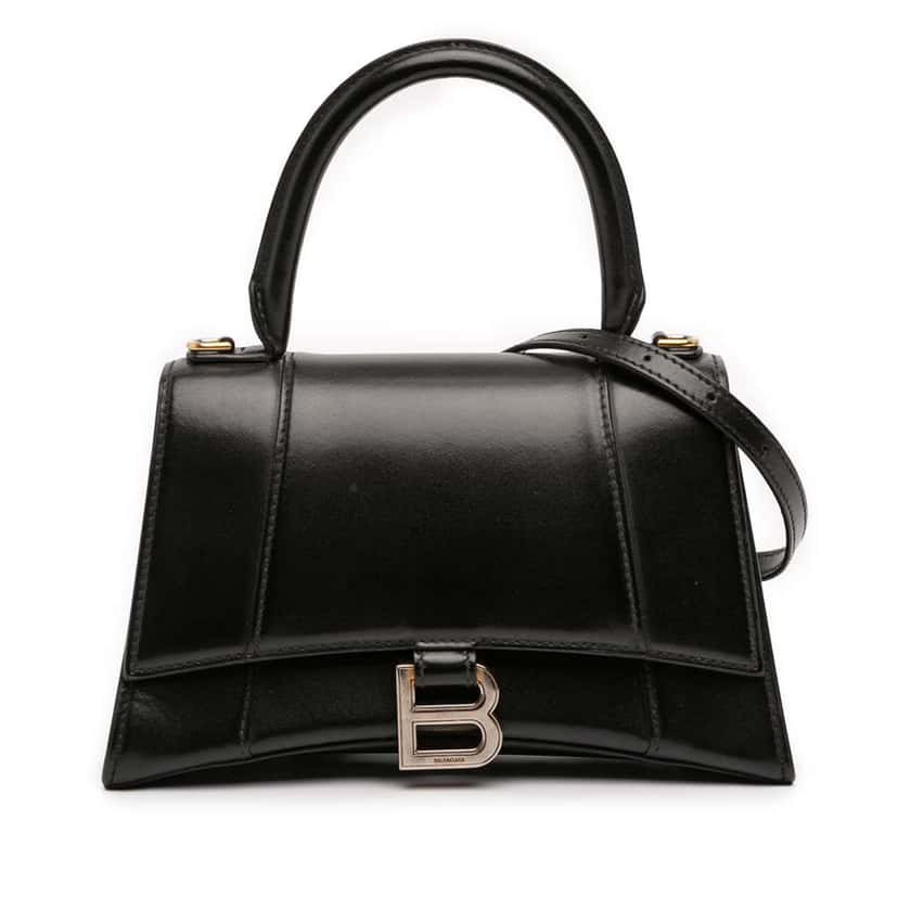 Balenciaga Small Shiny Box Calfskin Hourglass Top Handle Bag Black Leather Very good condition - Front View