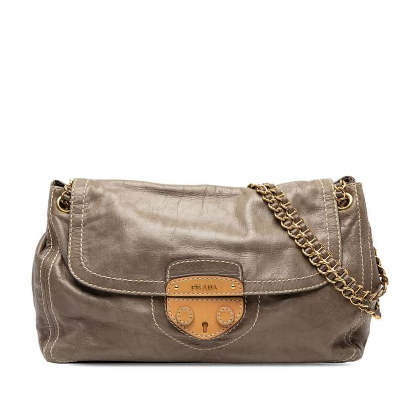 Prada Vitello Shine Push Lock Flap Shoulder Bag Brown Leather Very good condition - Front View