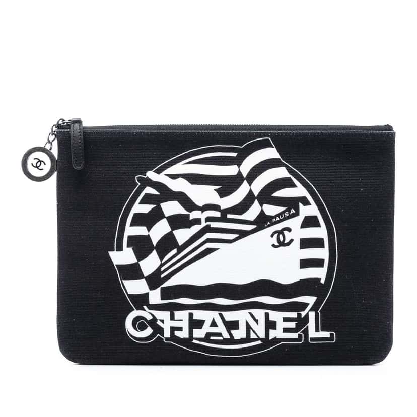 Chanel Medium Canvas La Pausa Zip O Case Clutch Black Canvas Very good condition - Front View