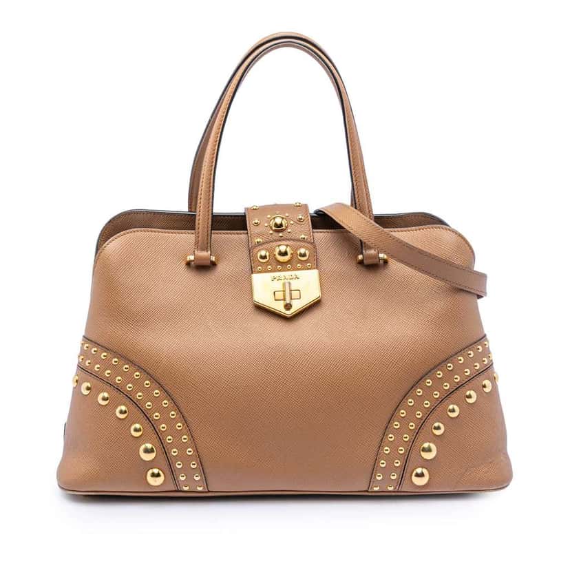 Prada Studded Saffiano Cuir Promenade Satchel Brown Leather Very good condition - Front View