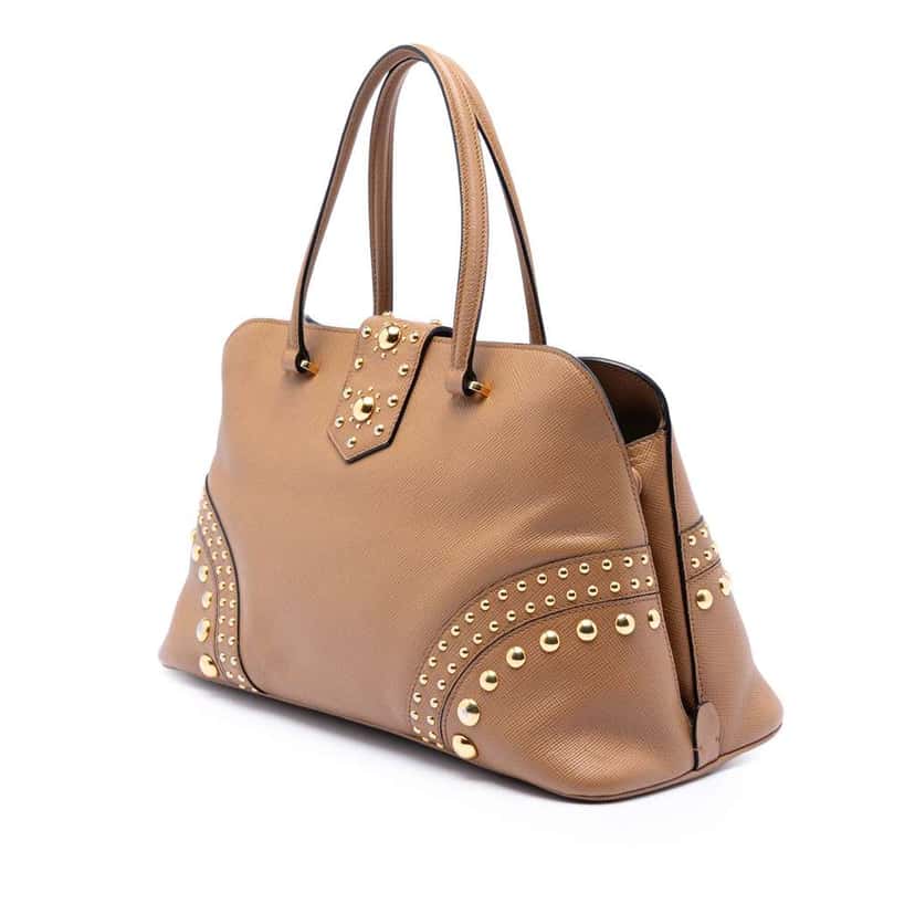 Prada Studded Saffiano Cuir Promenade Satchel Brown Leather Very good condition - Back View