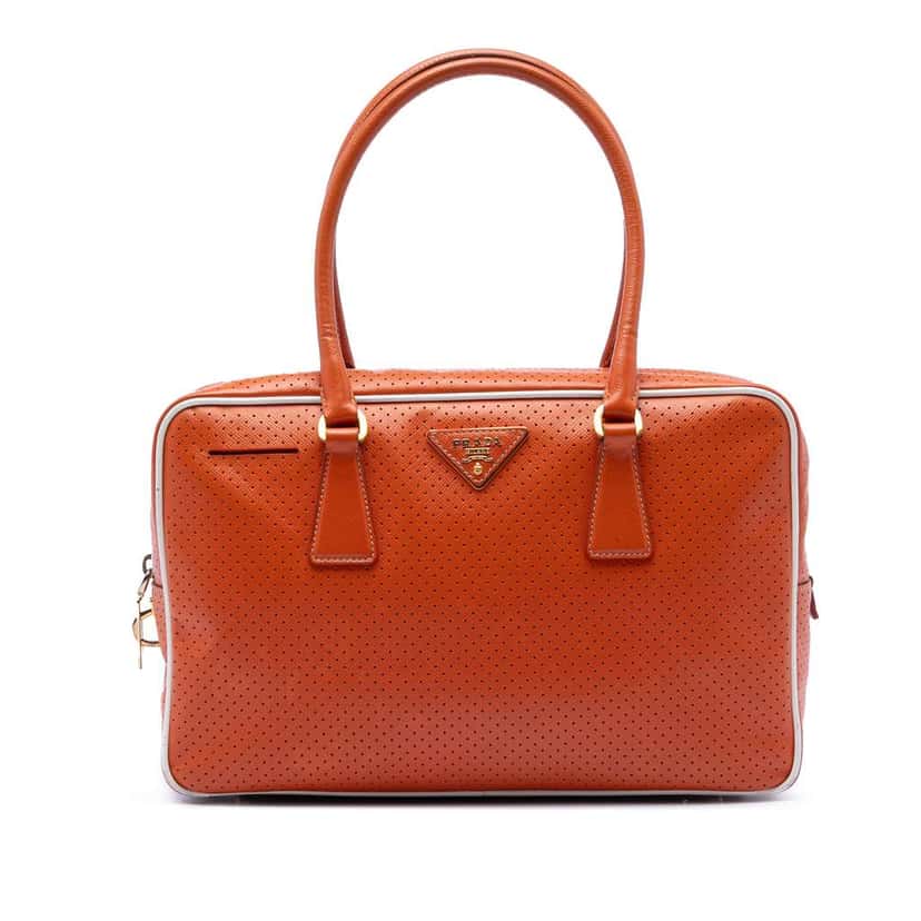 Prada Perforated Vitello Drive Leather Bauletto Top Handle Bag Orange Leather Very good condition - Front View