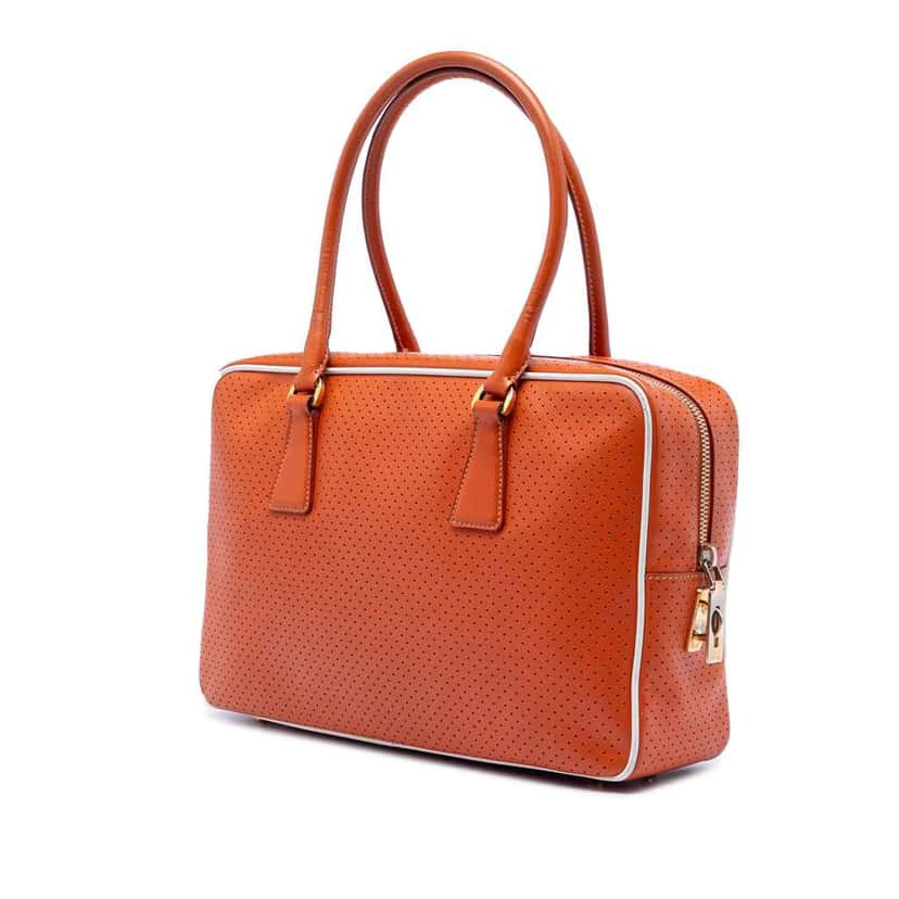 Prada Perforated Vitello Drive Leather Bauletto Top Handle Bag Orange Leather Very good condition - Back View