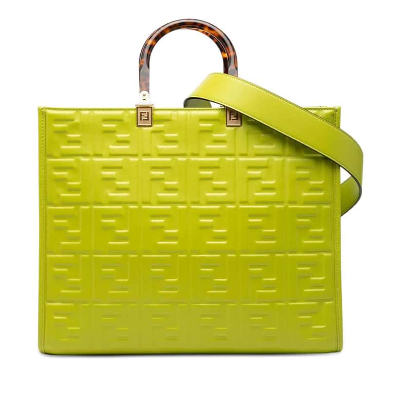 Fendi Medium Zucca Embossed Leather Sunshine Shopper Tote Green Leather Very good condition - Front View