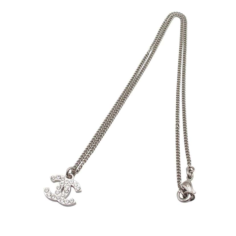 Chanel Silver Plated CC Rhinestone Pendant Necklace Silver Metal Very good condition - Front View