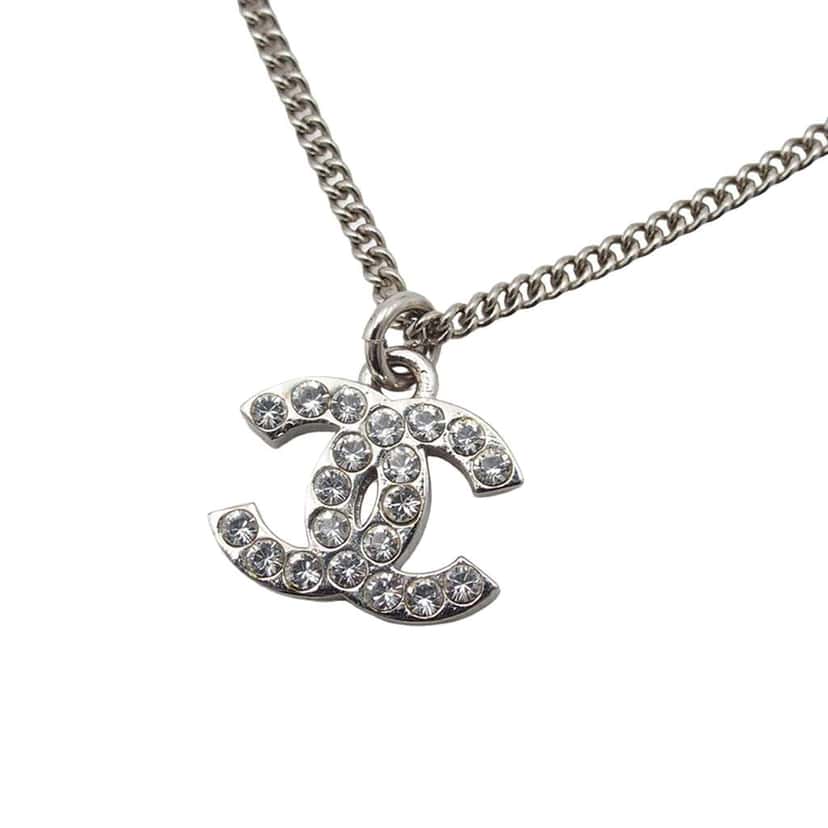 Chanel Silver Plated CC Rhinestone Pendant Necklace Silver Metal Very good condition - Back View