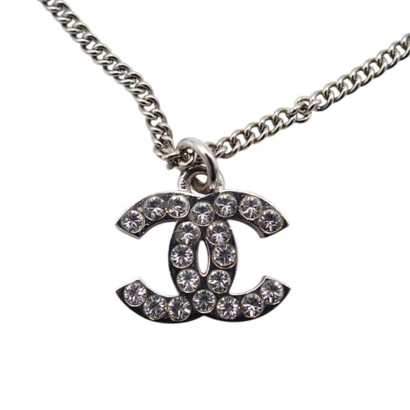 Chanel Silver Plated CC Rhinestone Pendant Necklace Silver Metal Very good condition - Inside View