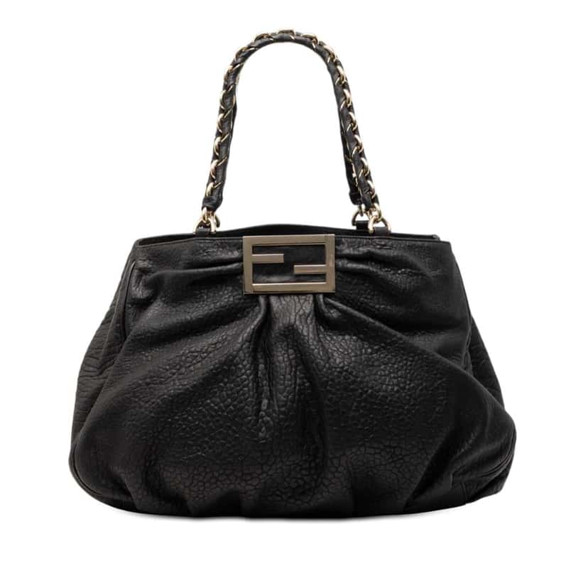 Fendi Large Pebbled Calfskin Mia Shoulder Bag Black Leather Very good condition - Front View